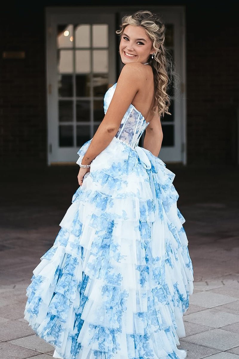 Inari | Blue – A Line Floral Tulle Halter Long Prom Dress with Ruffles and Beading - KissProm