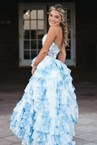 Inari | Blue – A Line Floral Tulle Halter Long Prom Dress with Ruffles and Beading - KissProm