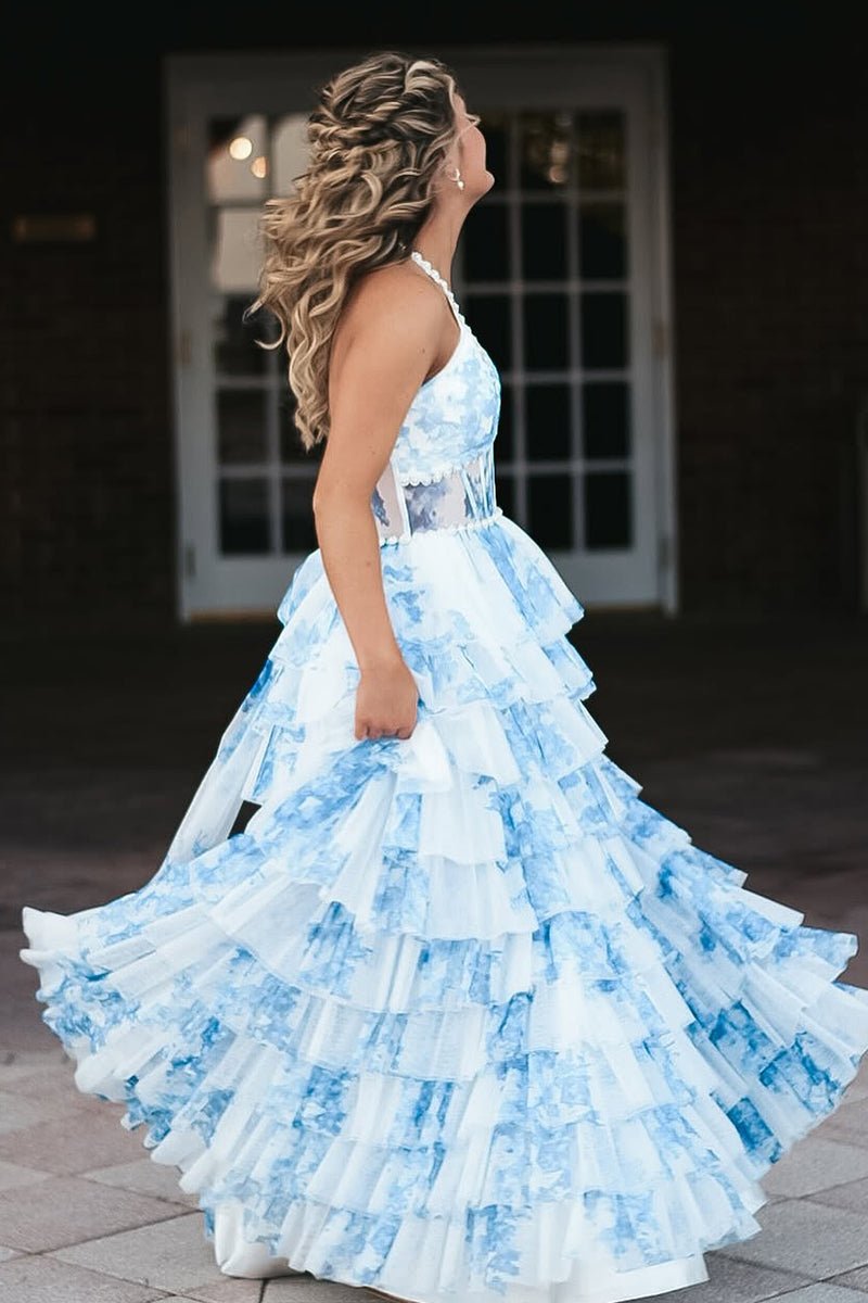 Blue A Line Floral Tulle Halter Long Prom Dress with Ruffles and Beading Blue / 00 Blue A Line Floral Tulle Halter Long Prom Dress with Ruffles and Beading Blue / 00