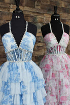 Inari | Blue – A Line Floral Tulle Halter Long Prom Dress with Ruffles and Beading - KissProm