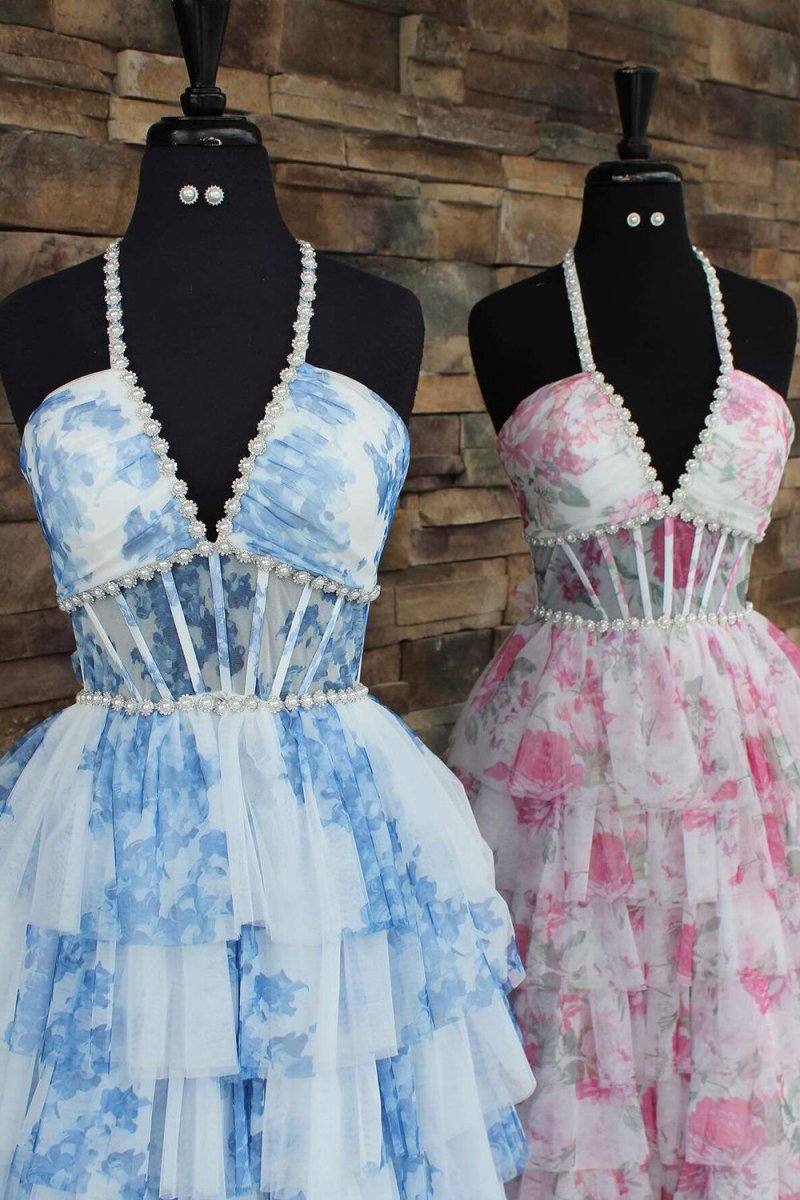Blue  A Line Floral Tulle Halter Long Prom Dress with Ruffles and Beading Blue / 00