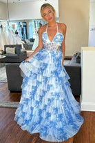 Inari | Blue – A Line Floral Tulle Halter Long Prom Dress with Ruffles and Beading - KissProm