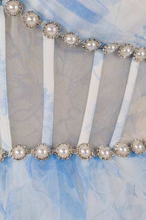Blue A Line Floral Tulle Halter Long Prom Dress with Ruffles and Beading - KISSPROM