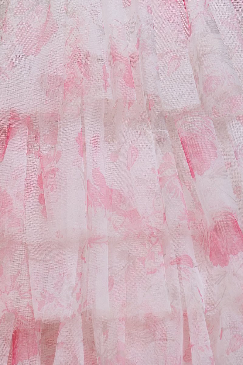 KissProm-Inari Pink A Line Floral Tulle Ruffles Halter Long Prom Dresses With Beads