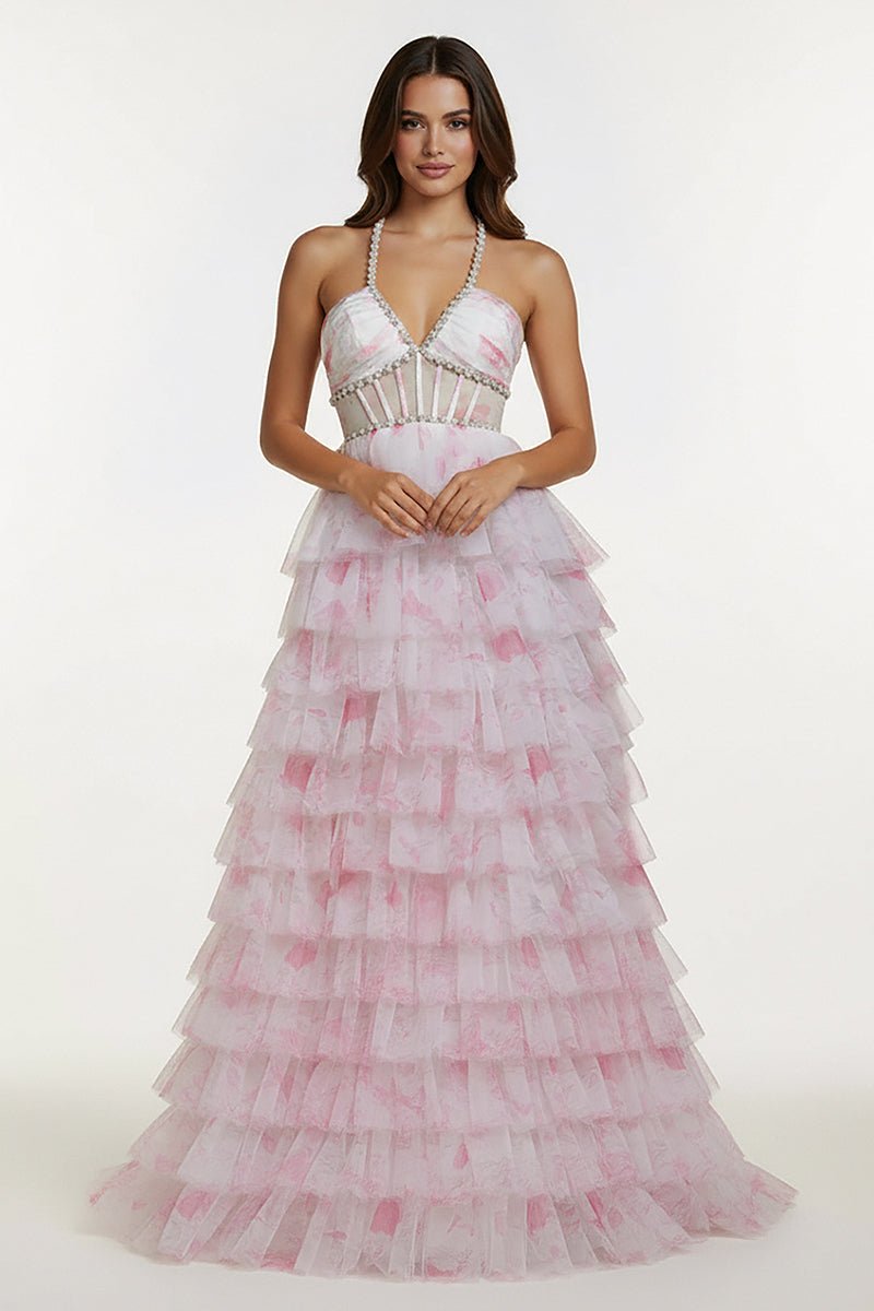 KissProm-Inari Pink A Line Floral Tulle Ruffles Halter Long Prom Dresses With Beads