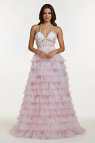 KissProm-Inari Pink A Line Floral Tulle Ruffles Halter Long Prom Dresses With Beads