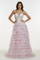 KissProm-Inari Pink A Line Floral Tulle Ruffles Halter Long Prom Dresses With Beads