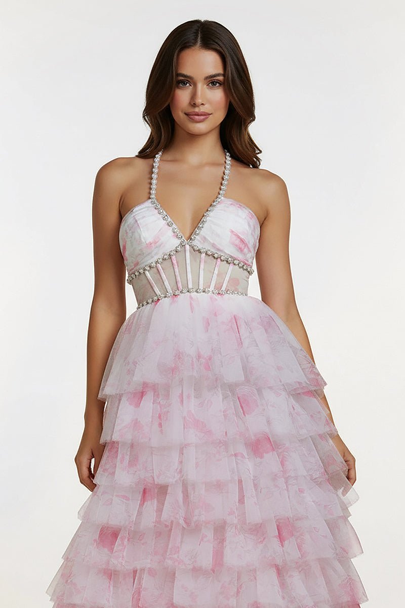 KissProm-Inari Pink A Line Floral Tulle Ruffles Halter Long Prom Dresses With Beads