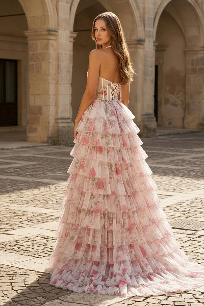 Pink – A Line Floral Tulle Halter Long Prom Dress with Ruffles and Beading - KissProm