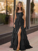 Indiana | Black Strapless Satin Ruffle Tiered Beaded A Line Prom Dresses - KissProm