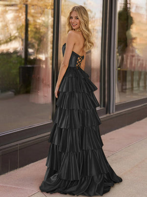 Indiana | Black Strapless Satin Ruffle Tiered Beaded A Line Prom Dresses - KissProm