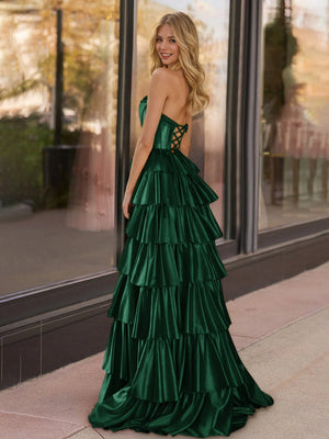 Indiana | Dark Green Strapless Satin Ruffle Tiered Beaded A Line Prom Dresses - KissProm 