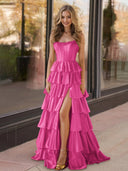 Indiana | Fuchsia Strapless Satin Ruffle Tiered Beaded A Line Prom Dresses - KissProm