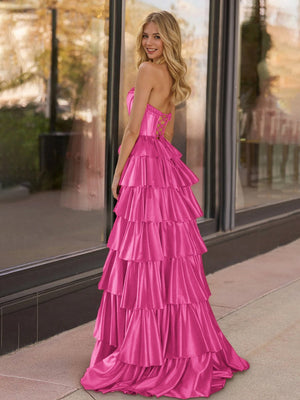Indiana | Fuchsia Strapless Satin Ruffle Tiered Beaded A Line Prom Dresses - KissProm