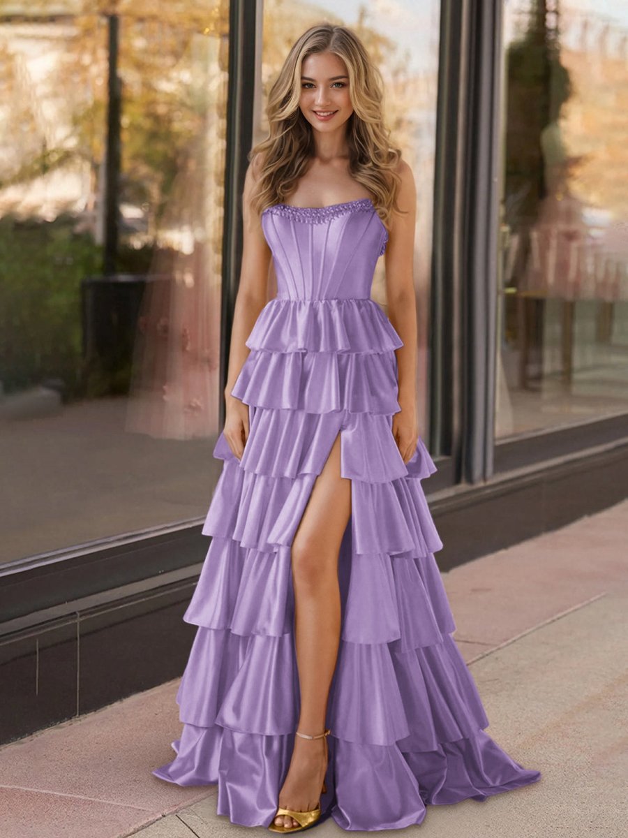 Yellow Strapless Satin Ruffle Tiered Beaded A Line Prom Dresses Yellow Strapless Satin Ruffle Tiered Beaded A Line Prom Dresses