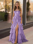 Indiana | Lavender Strapless Satin Ruffle Tiered Beaded A Line Prom Dresses - KissProm