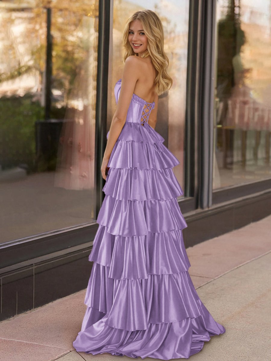 Yellow Strapless Satin Ruffle Tiered Beaded A Line Prom Dresses Yellow Strapless Satin Ruffle Tiered Beaded A Line Prom Dresses