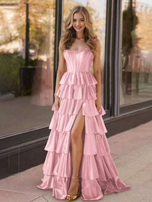 Indiana | Pink Strapless Satin Ruffle Tiered Beaded A Line Prom Dresses - KissProm