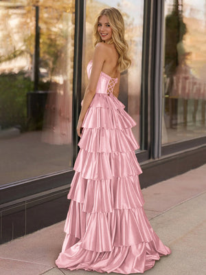 Indiana | Pink Strapless Satin Ruffle Tiered Beaded A Line Prom Dresses - KissProm