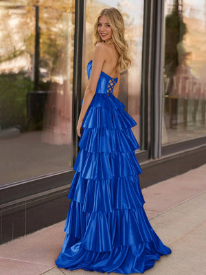 Indiana | Royal Blue Strapless Satin Ruffle Tiered Beaded A Line Prom Dresses - KissProm