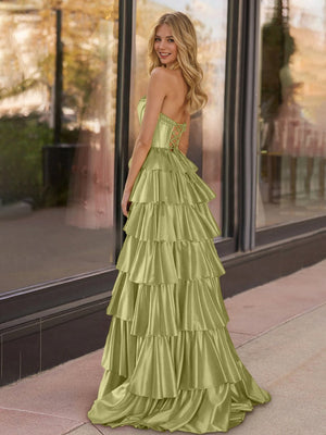 Indiana | Sage Strapless Satin Ruffle Tiered Beaded A Line Prom Dresses - KissProm 