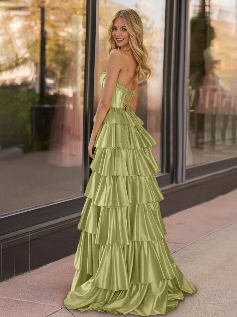 KissProm Yellow Strapless Satin Ruffle Tiered Beaded A Line Prom Dresses, Sage Green / 14