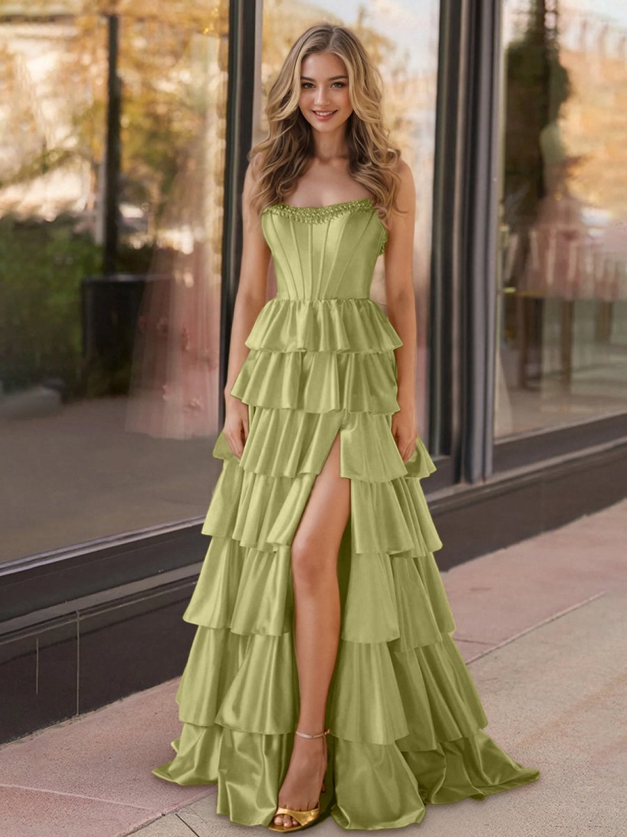 Yellow Strapless Satin Ruffle Tiered Beaded A Line Prom Dresses