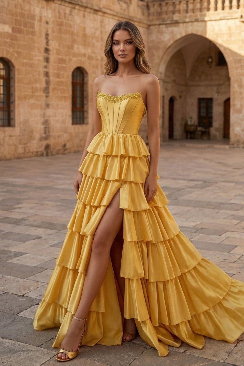 Indiana | Yellow Strapless Satin Ruffle Tiered Beaded A Line Prom Dresses - KissProm