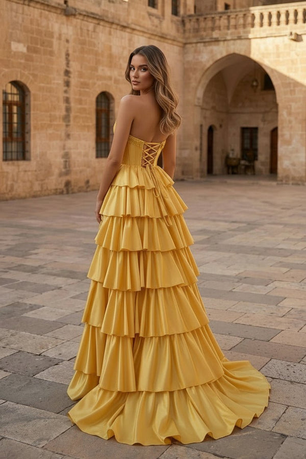 Indiana | Yellow Strapless Satin Ruffle Tiered Beaded A Line Prom Dresses - KissProm