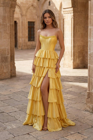 Indiana | Yellow Strapless Satin Ruffle Tiered Beaded A Line Prom Dresses - KissProm