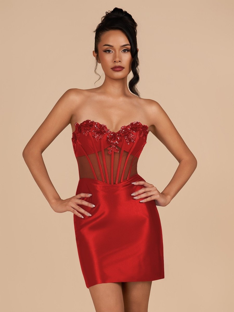 Indie | Red - Bodycon Sequined Flowers Corset Sweetheart Homecoming Dress