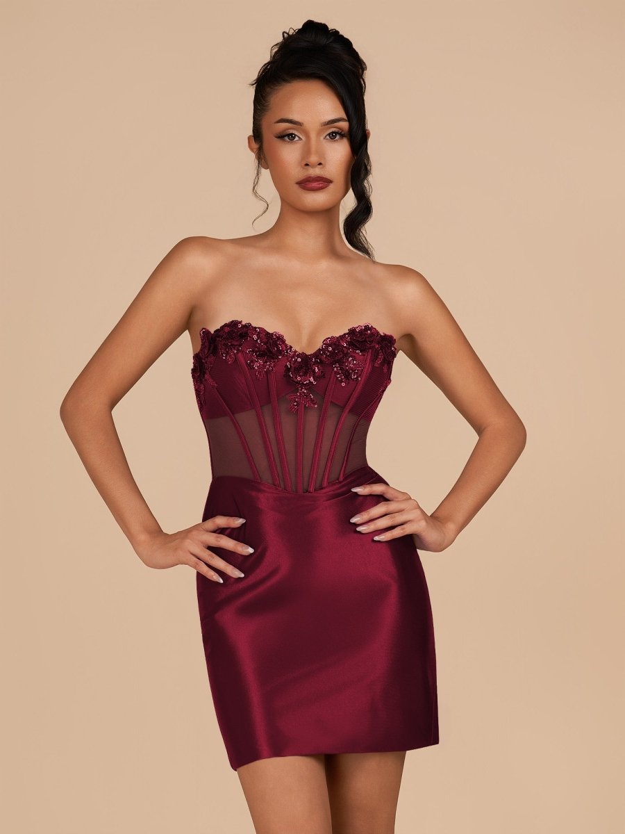 Indie | Burgundy - Bodycon Sequined Flowers Corset Sweetheart Homecoming Dress - KissProm