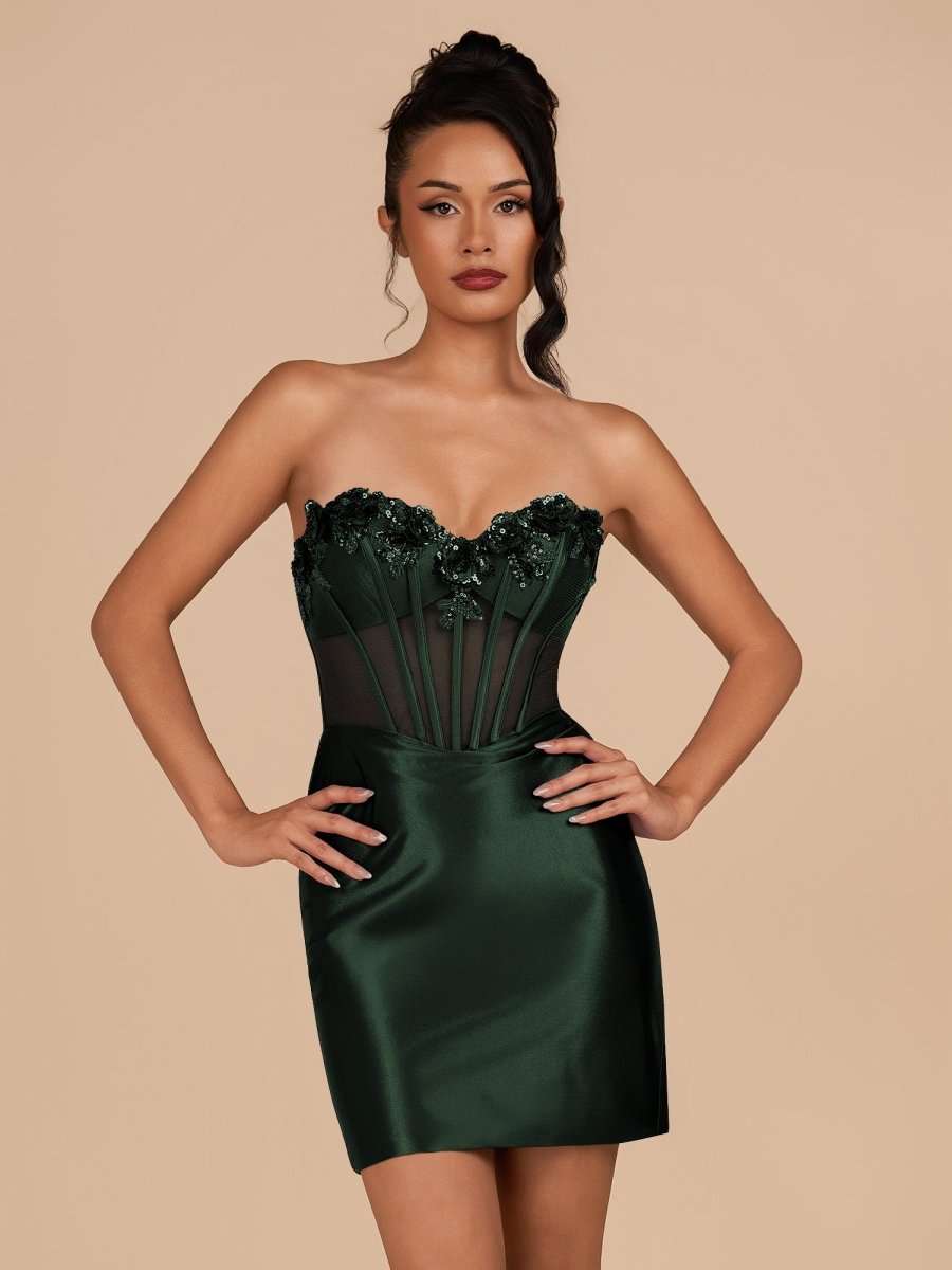 Dark Green Bodycon Satin Sweetheart Corset Homecoming Dress with Sequined Flowers Dark Green / 6 Dark Green Bodycon Satin Sweetheart Corset Homecoming Dress with Sequined Flowers Dark Green / 6