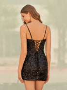 Indra | Black -Bodycon Sequined V Neck Corset Homecoming Dresses