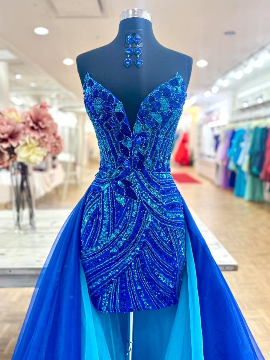 Royal Blue - Sheath V Neck Sequined Mini Party Dresses with Train Royal Blue - Sheath V Neck Sequined Mini Party Dresses with Train