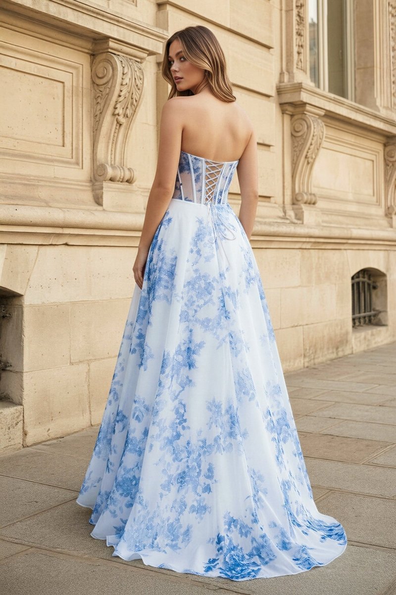 KissProm A-Line Strapless Blue Floral Print Long Prom Dresses, Blue / 18
