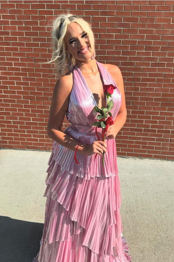 Ingemar | Purple Metallic A - Line Tiered V - Neck Sleeveless Prom Dress With Slit - KissProm