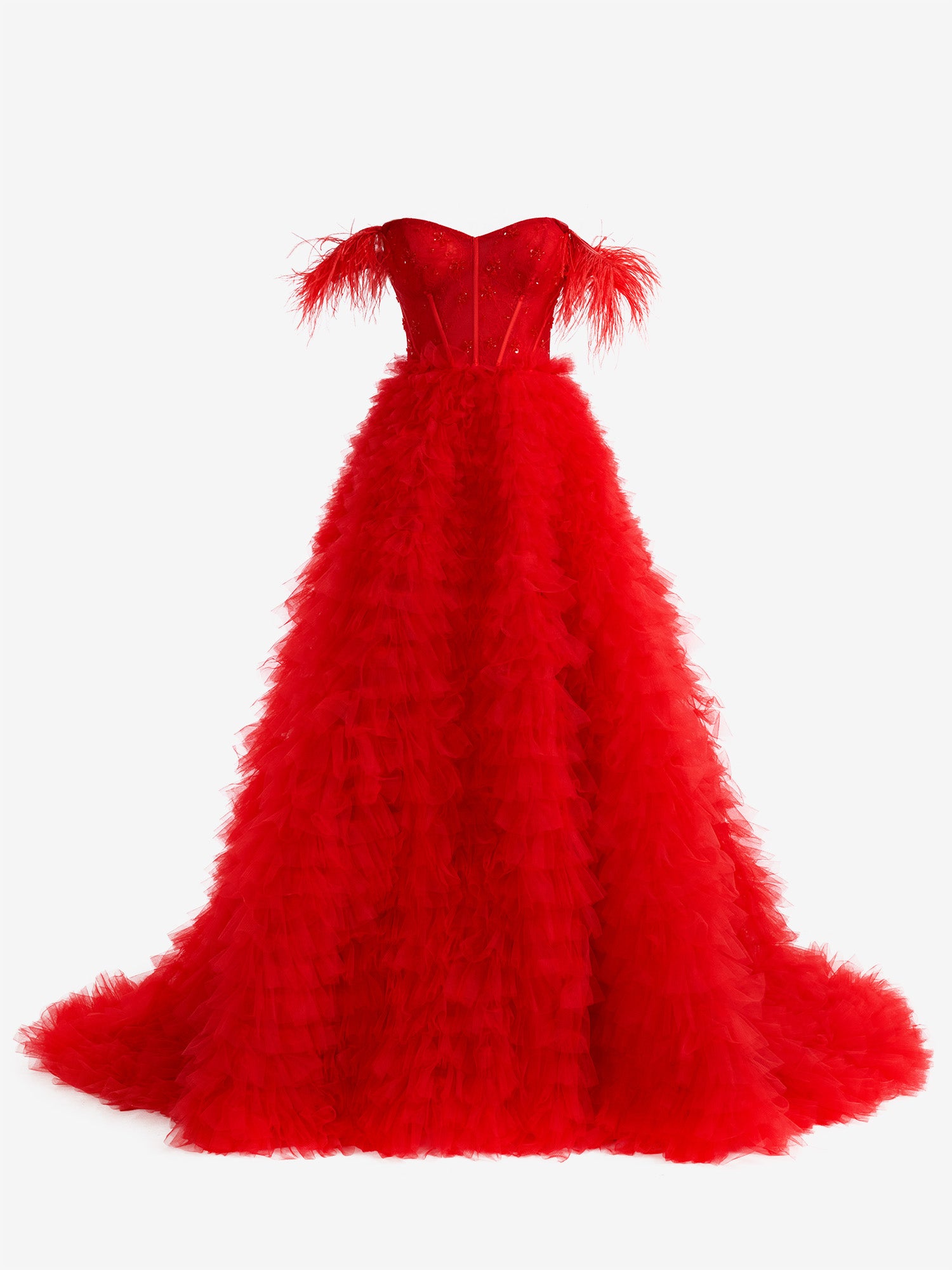Ingrid |Red A Line Sweetheart Tiered Tulle Long Prom Dress With Slit