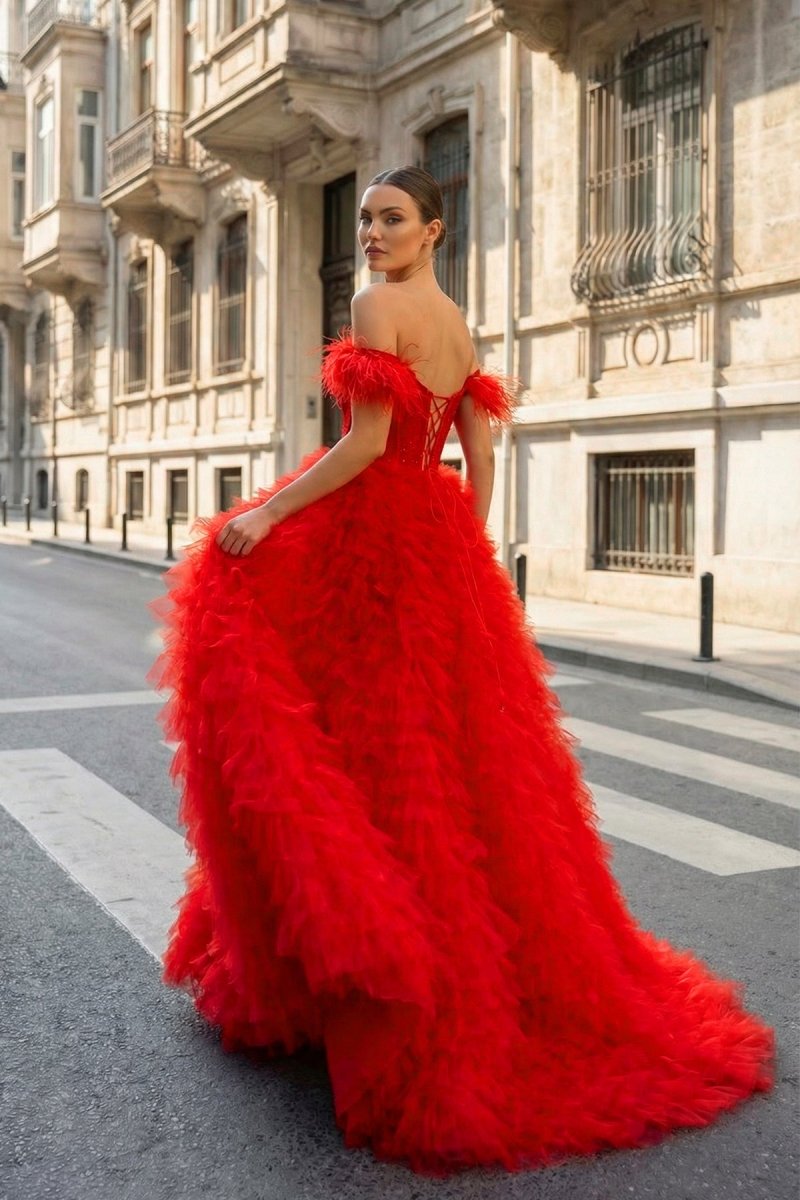 red off the shoulder sweetheart dress Ingrid Red A Line Sweetheart Tiered Tulle Long Prom Dress With Slit