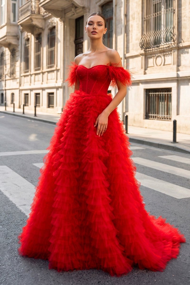 Ingrid Red A Line Sweetheart Tiered Tulle Long Prom Dress With Slit Ingrid Red A Line Sweetheart Tiered Tulle Long Prom Dress With Slit
