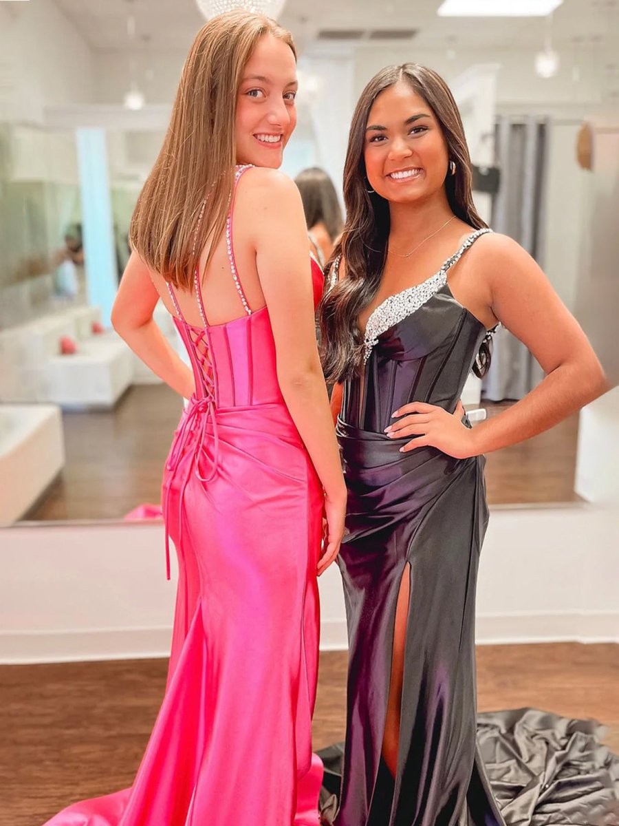 Ingris | Fuchsia Mermaid V Neck Satin Long Prom Dresses with Beading - KissProm