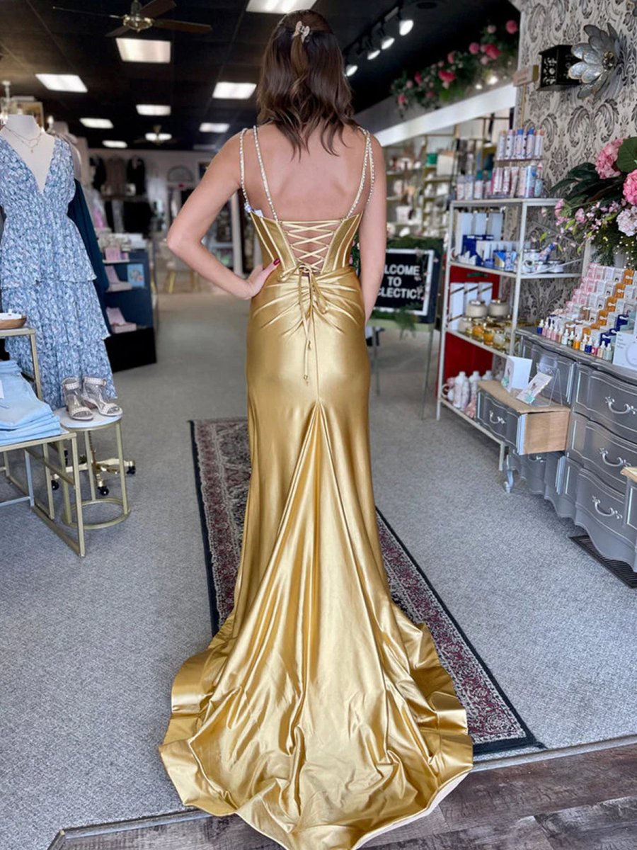 Ingris | Fuchsia Mermaid V Neck Satin Long Prom Dresses with Beading - KissProm