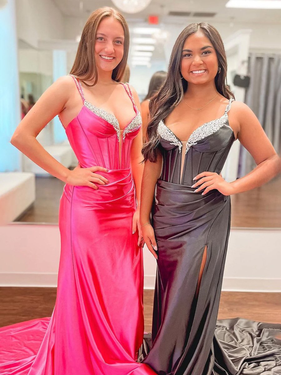 Ingris | Fuchsia Mermaid V Neck Satin Long Prom Dresses with Beading - KissProm