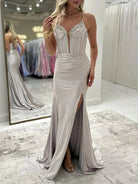 Ingris | Fuchsia Mermaid V Neck Satin Long Prom Dresses with Beading - KissProm