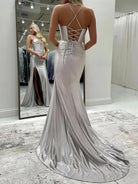 Ingris | Fuchsia Mermaid V Neck Satin Long Prom Dresses with Beading - KissProm