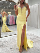 Ingris | Fuchsia Mermaid V Neck Satin Long Prom Dresses with Beading - KissProm