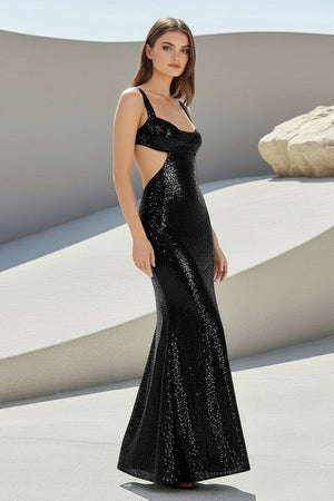 Inoria | Dark Green - Scoop Neck Mermaid Sequins Long Prom Dresses With Cutout - KissProm