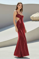 Inoria | Dark Green - Scoop Neck Mermaid Sequins Long Prom Dresses With Cutout - KissProm