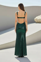Inoria | Dark Green - Scoop Neck Mermaid Sequins Long Prom Dresses With Cutout - KissProm