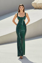 Inoria | Dark Green - Scoop Neck Mermaid Sequins Long Prom Dresses With Cutout - KissProm